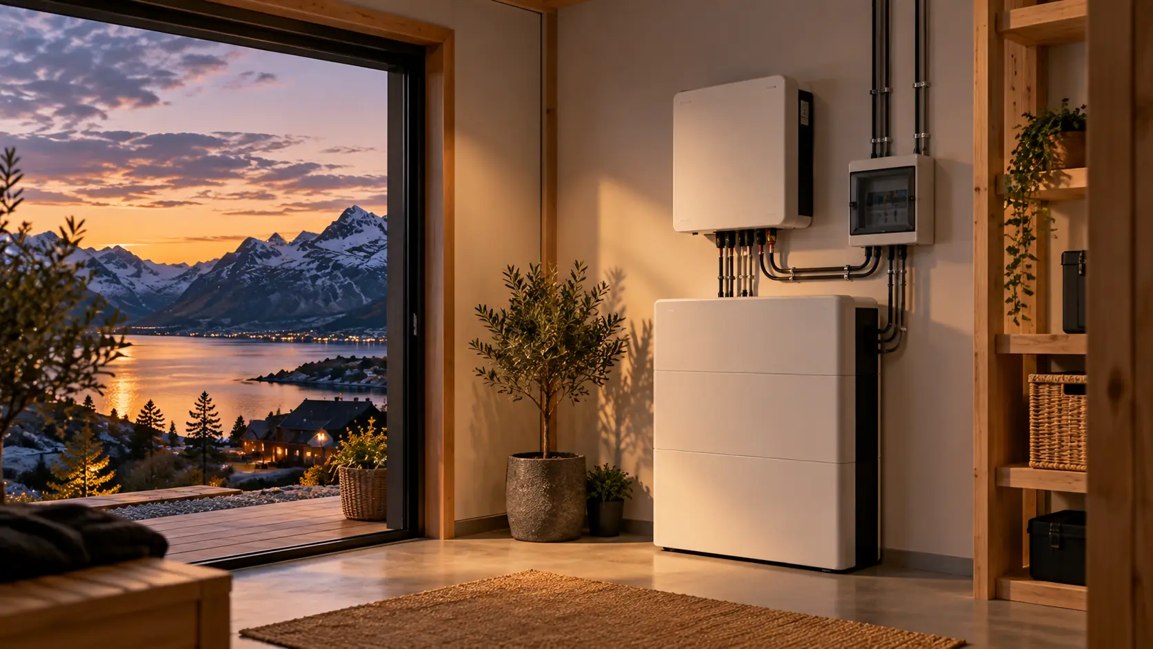 Hvitt batterilager og inverter montert på veggen i et moderne rom med utsikt over fjorden i skumringen