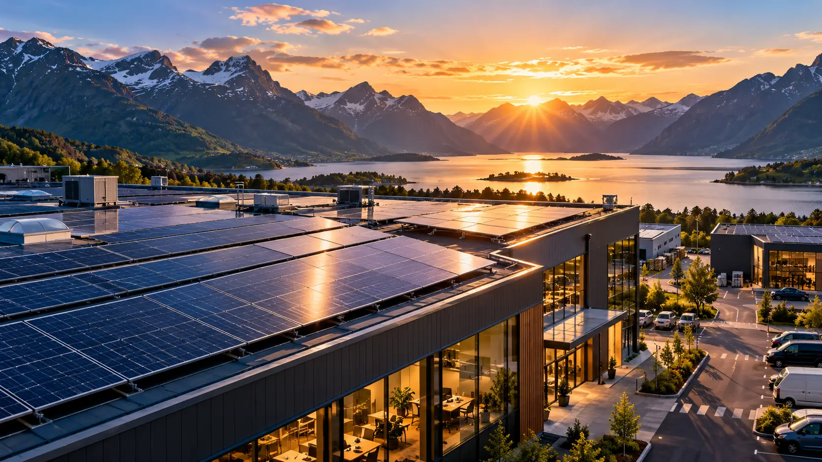 Næringsbygg med solcellepaneler på taket, ved fjorden i solnedgang