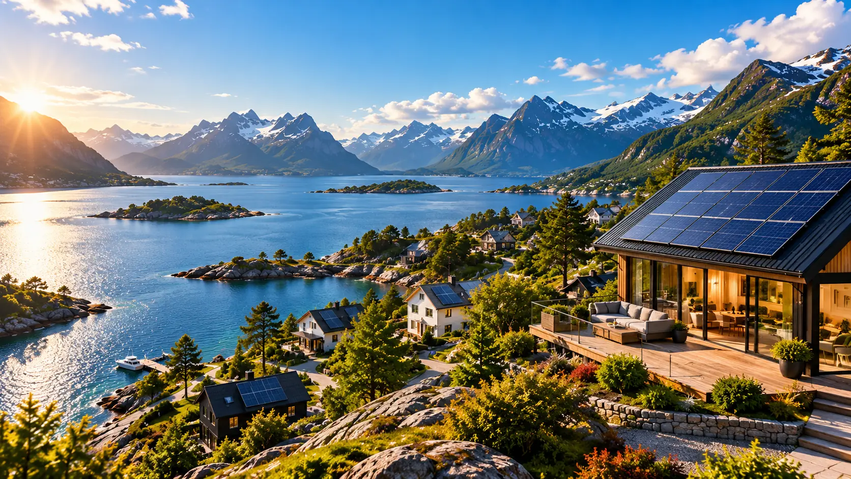 Moderne hus med solcellepaneler på taket, med utsikt over fjord og fjell