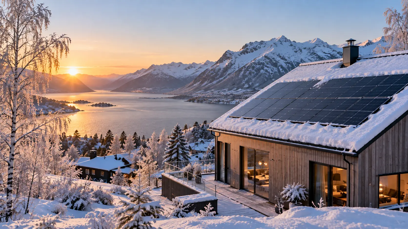 Trehus med snødekt tak og solcellepaneler om vinteren, med fjord og snødekte fjell i lav vintersol