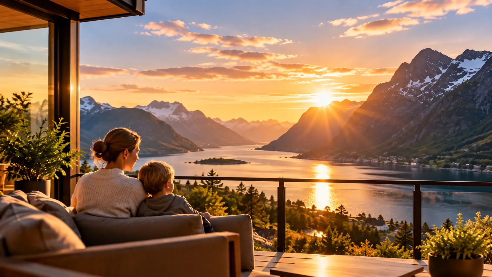 Mor og barn på en terrasse med utsikt over fjorden i kveldssol